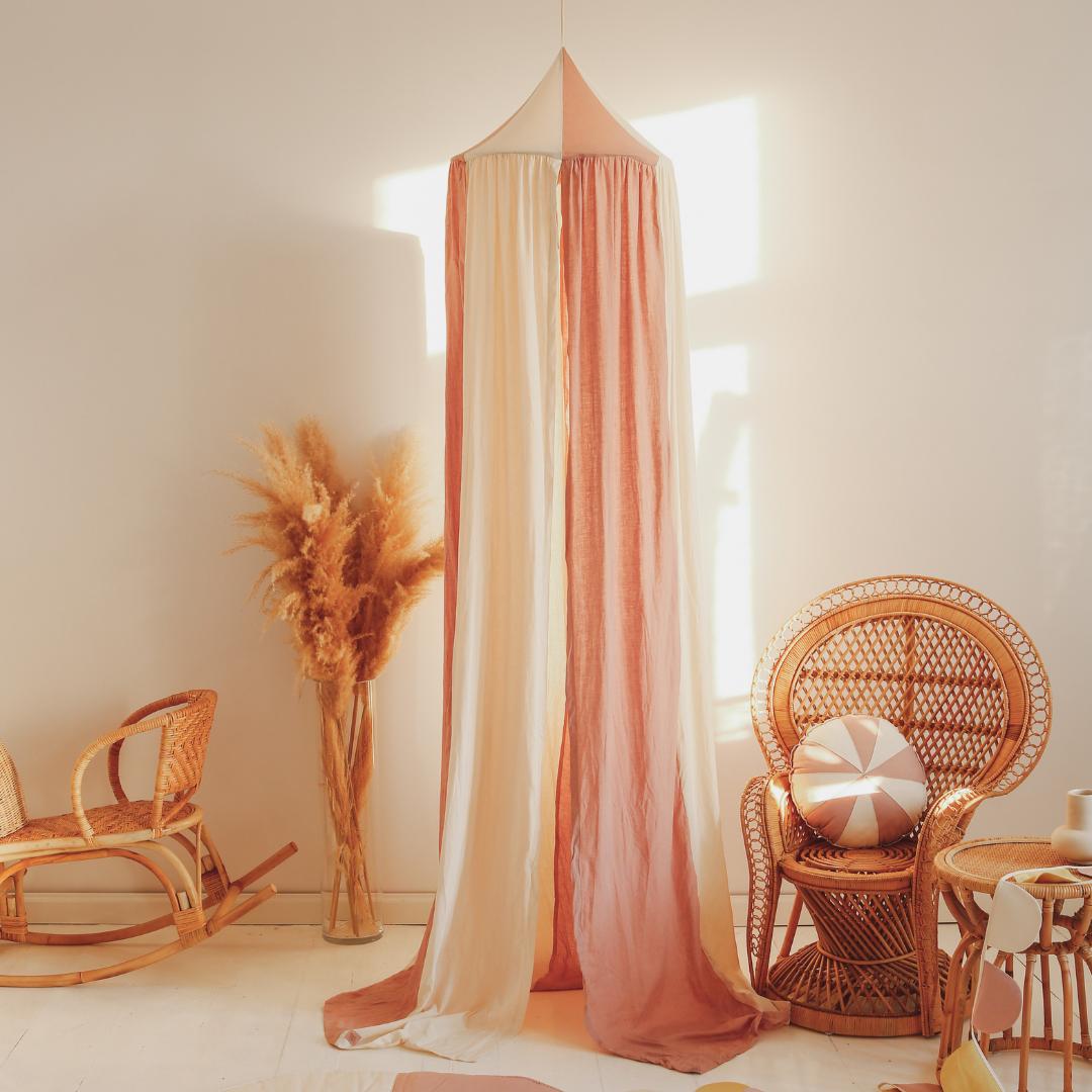 Ciel de lit bébé Rose & écru - Fait main
