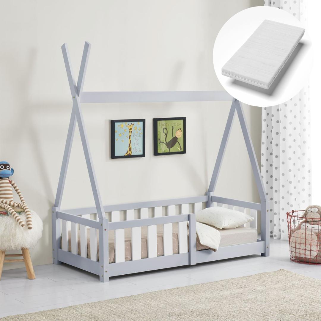 Lit tipi 70x140cm avec barrière et matelas - Gris & blanc