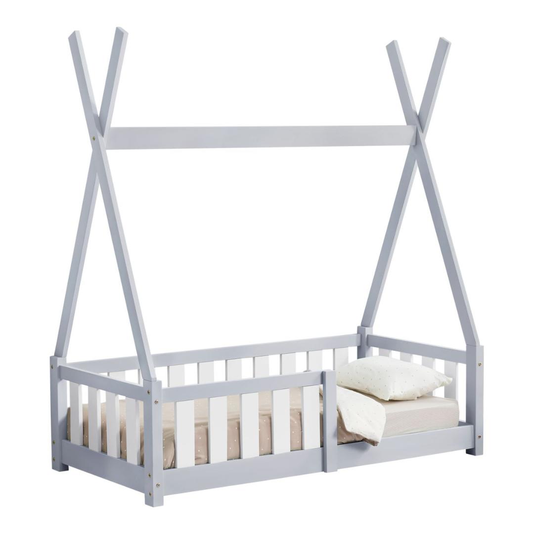 Lit tipi 70x140cm avec barrière et matelas - Gris & blanc