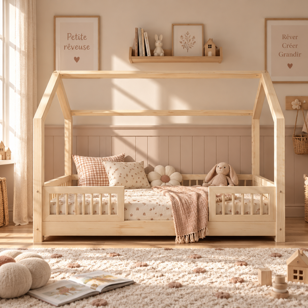 Lit cabane Montessori Paola avec barrière Entrée au milieu