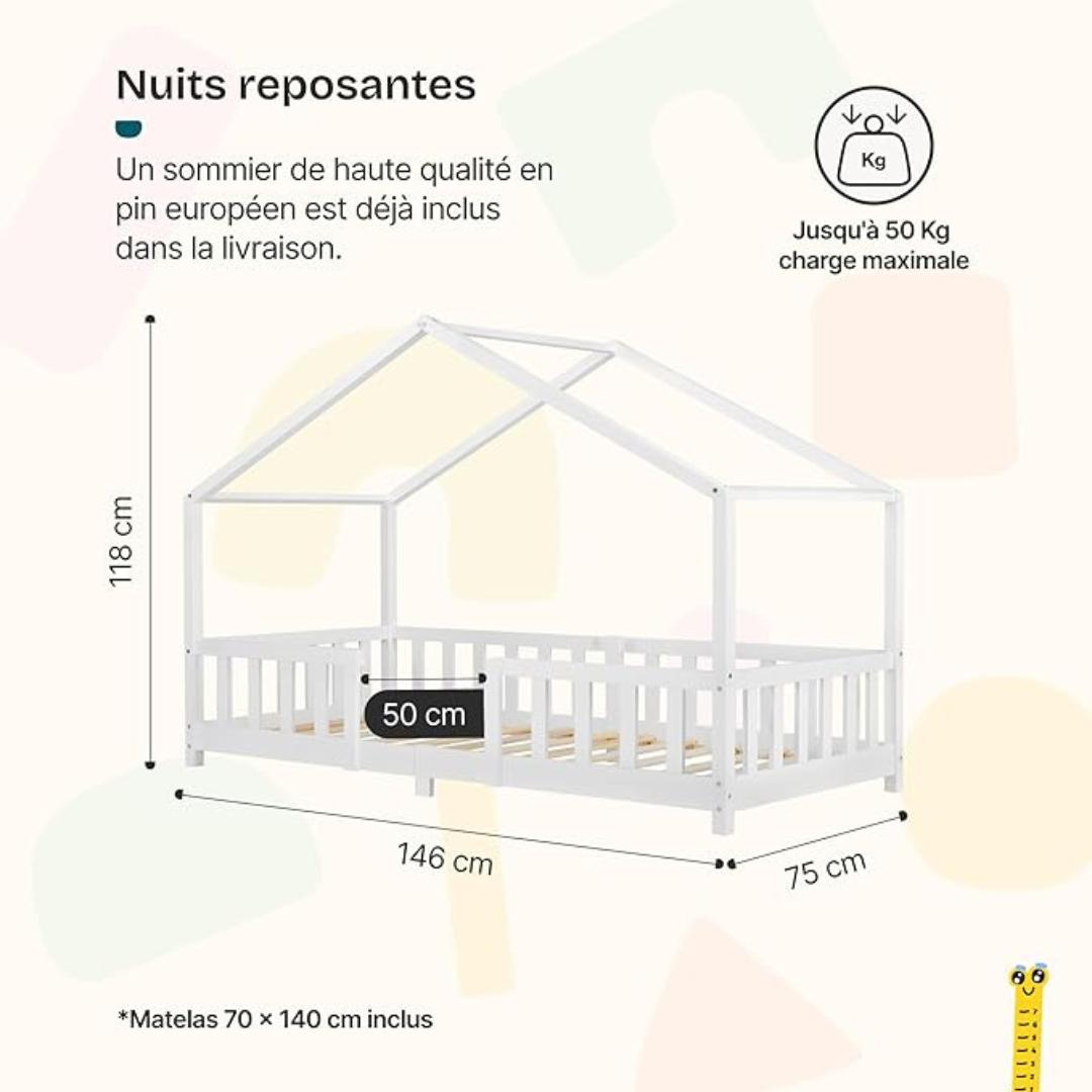 Lit cabane avec barrière + matelas - 70x140cm - Blanc