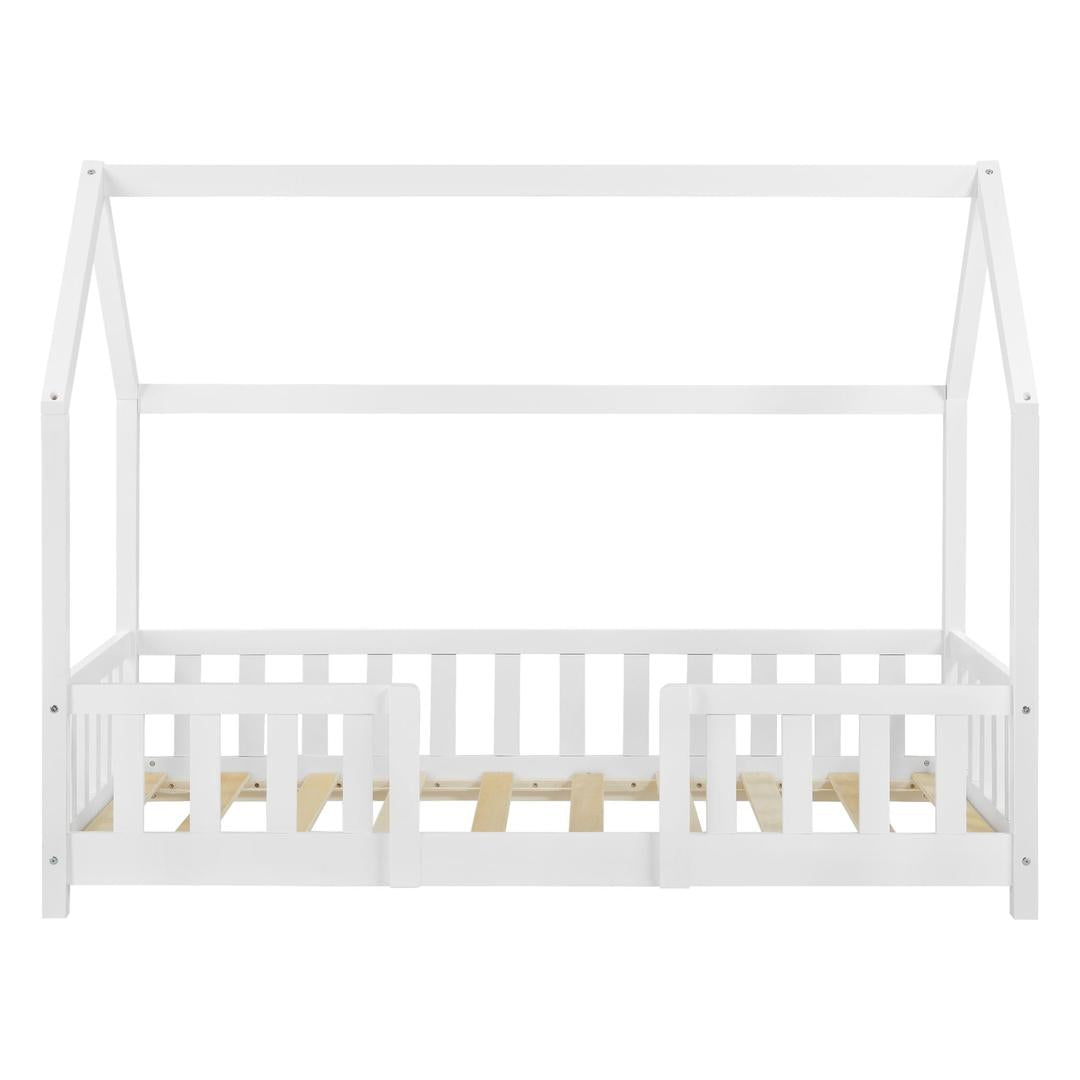 Lit cabane avec barrière + matelas 70x140cm - Blanc