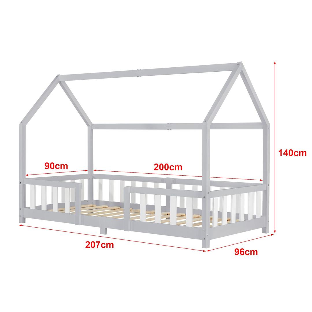 Lit cabane avec barrière + matelas - 90x200cm - Gris & blanc
