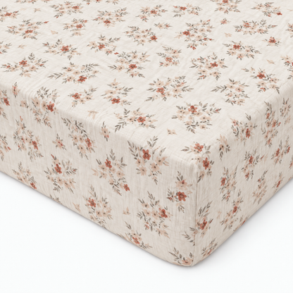 Drap housse double gaze coton fleuri NINA