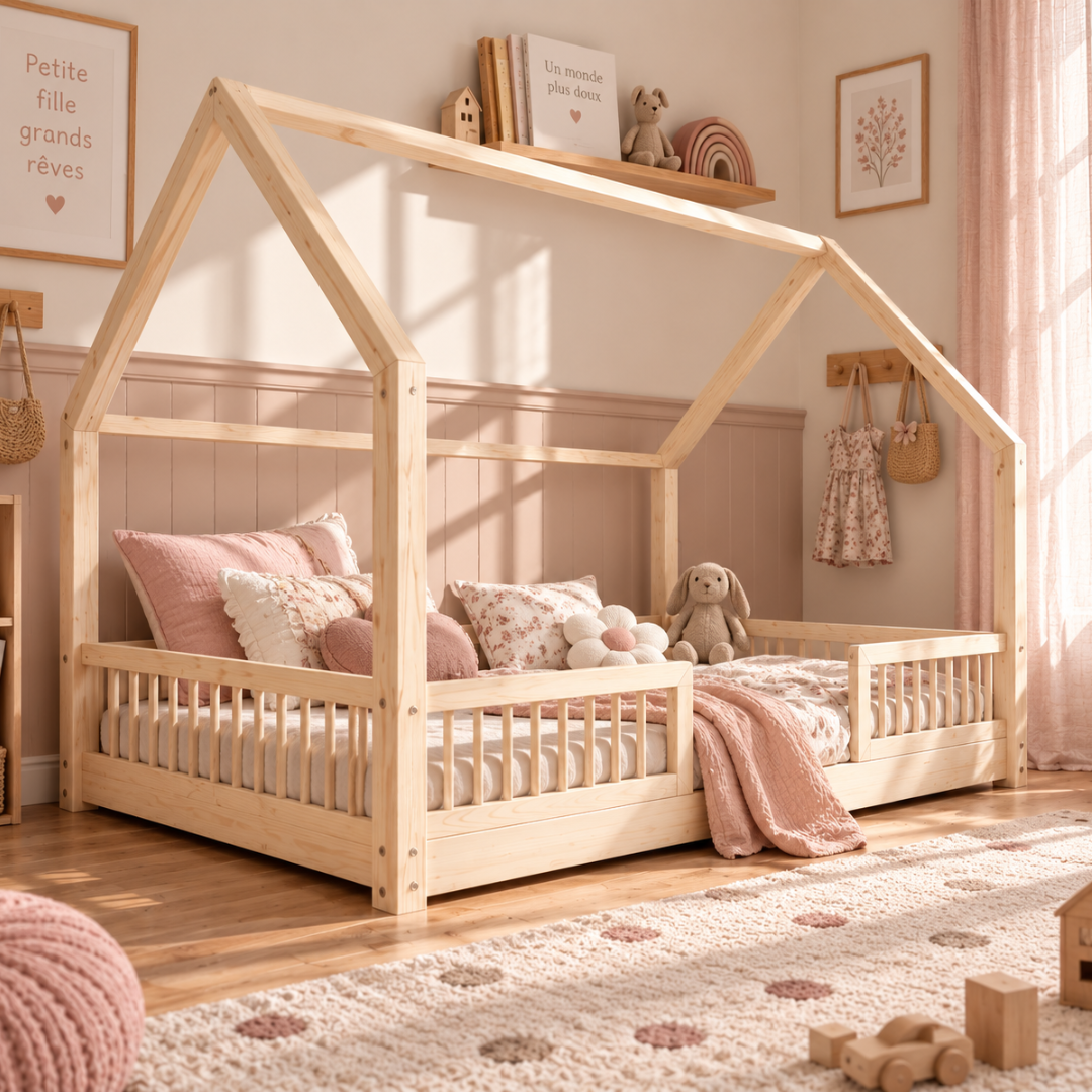 Lit cabane Montessori Paola avec barrière Entrée au milieu