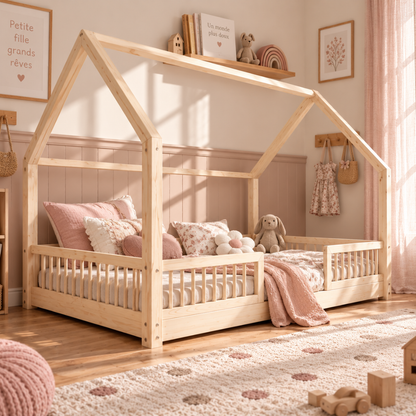 Lit cabane Montessori Paola avec barrière Entrée au milieu