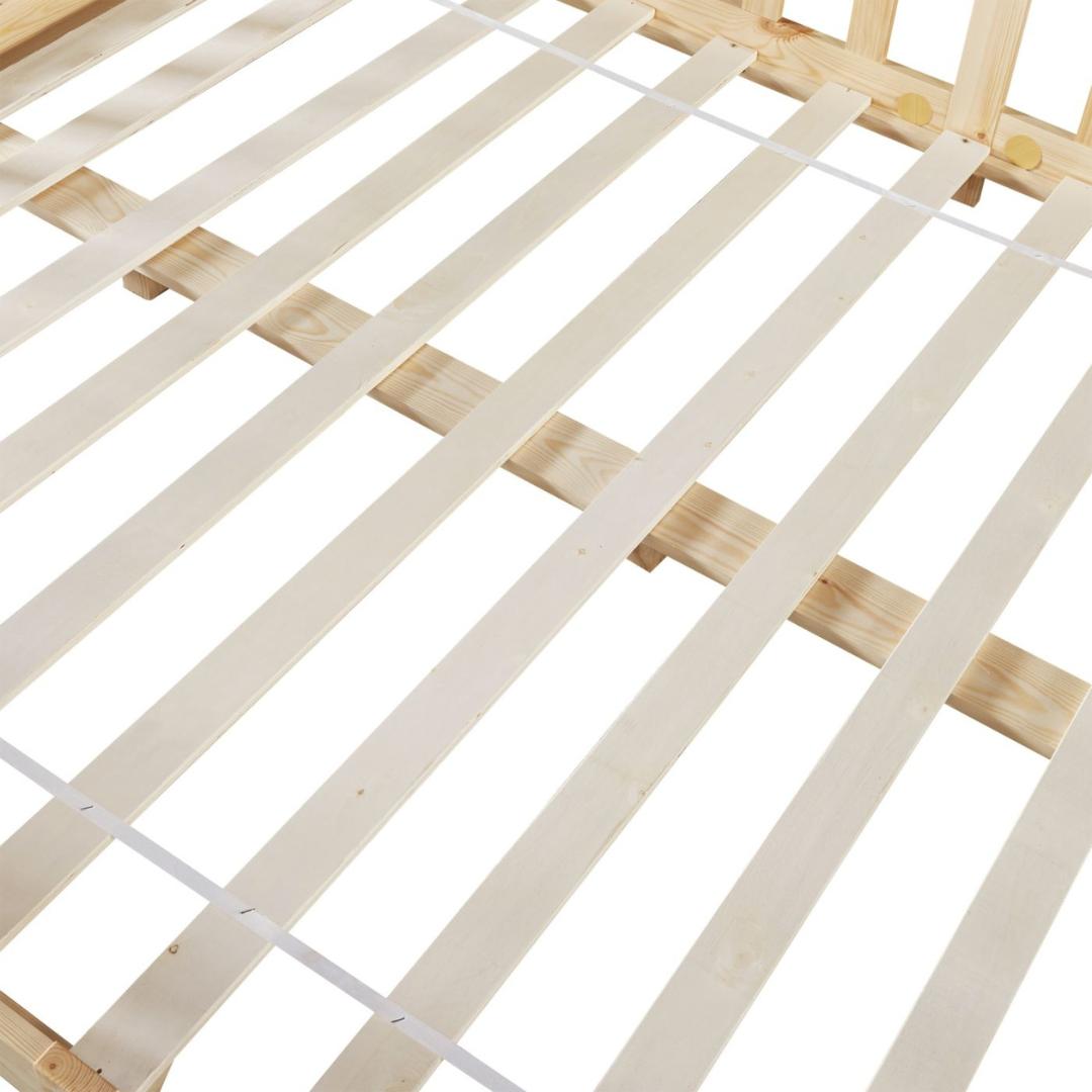Grand lit cabane Montessori avec barrière + matelas - 120x200cm - Bois naturel