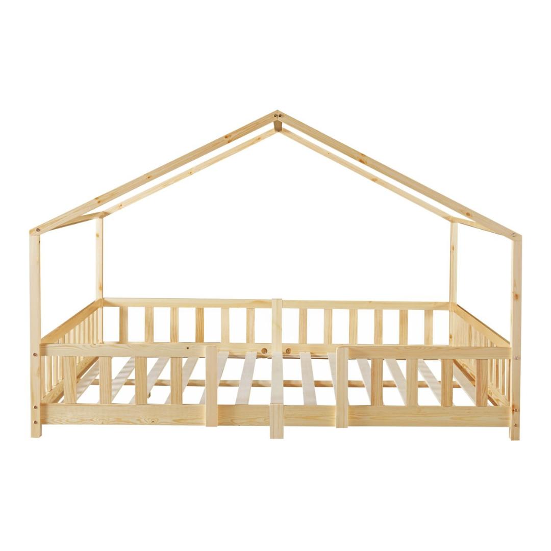 Grand lit cabane double avec barrière - 120x200cm - Bois naturel