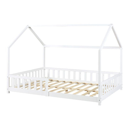 Pack grand lit cabane avec barrière + matelas 140x200cm