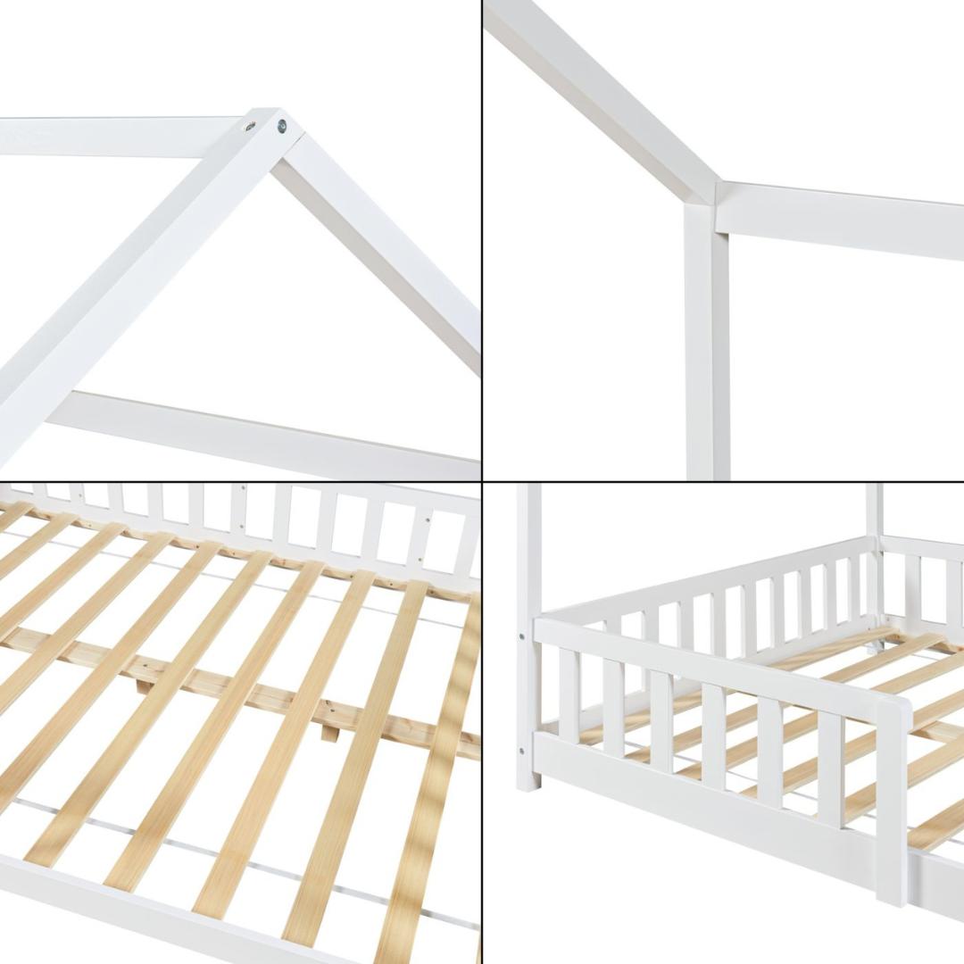 Pack grand lit cabane avec barrière + matelas 140x200cm
