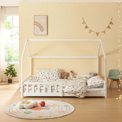 Pack grand lit cabane avec barrière + matelas 140x200cm
