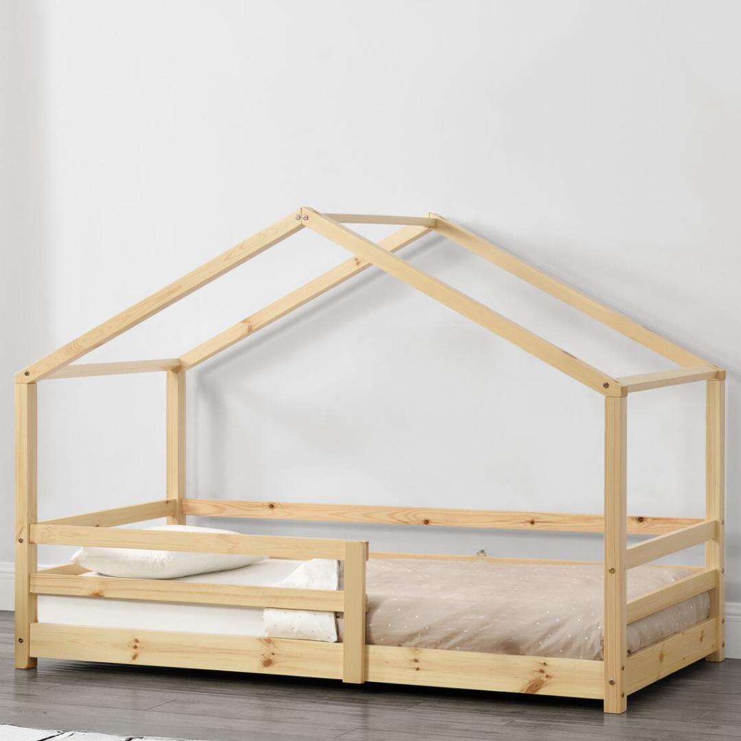 Lit cabane avec barrière - 70x140cm - Bois naturel