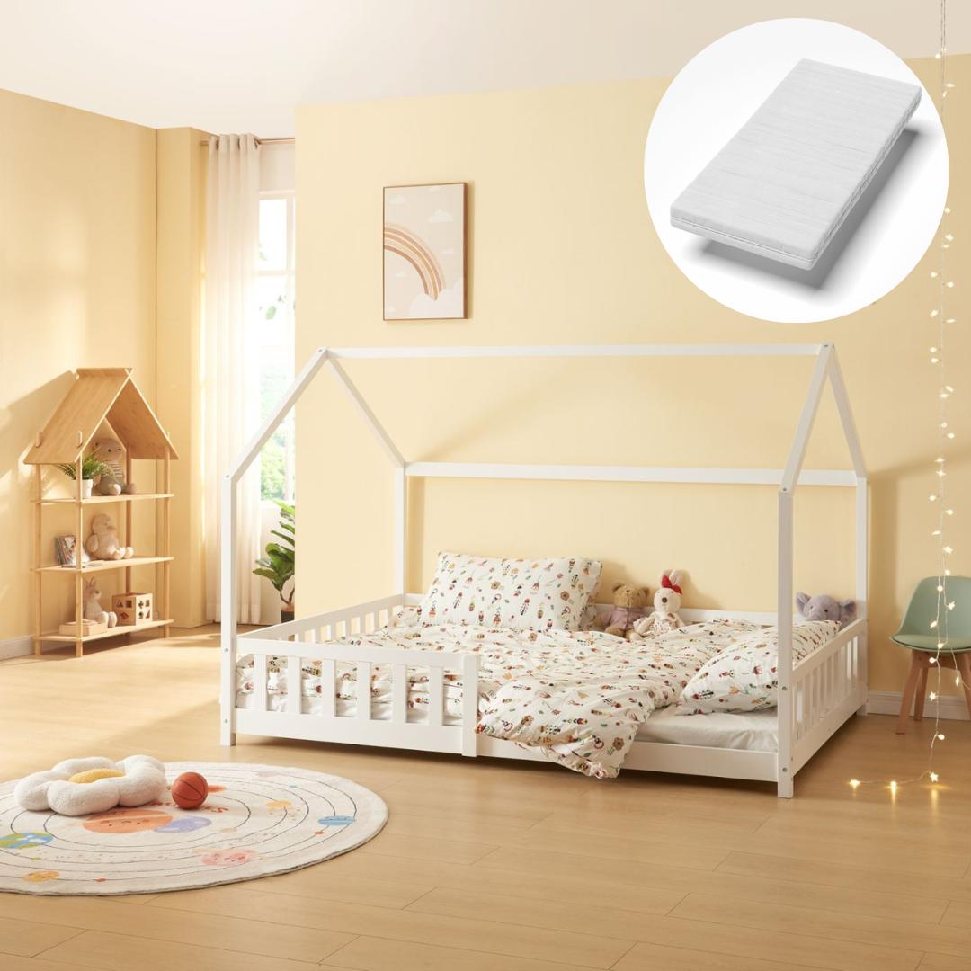 Pack grand lit cabane avec barrière + matelas 140x200cm