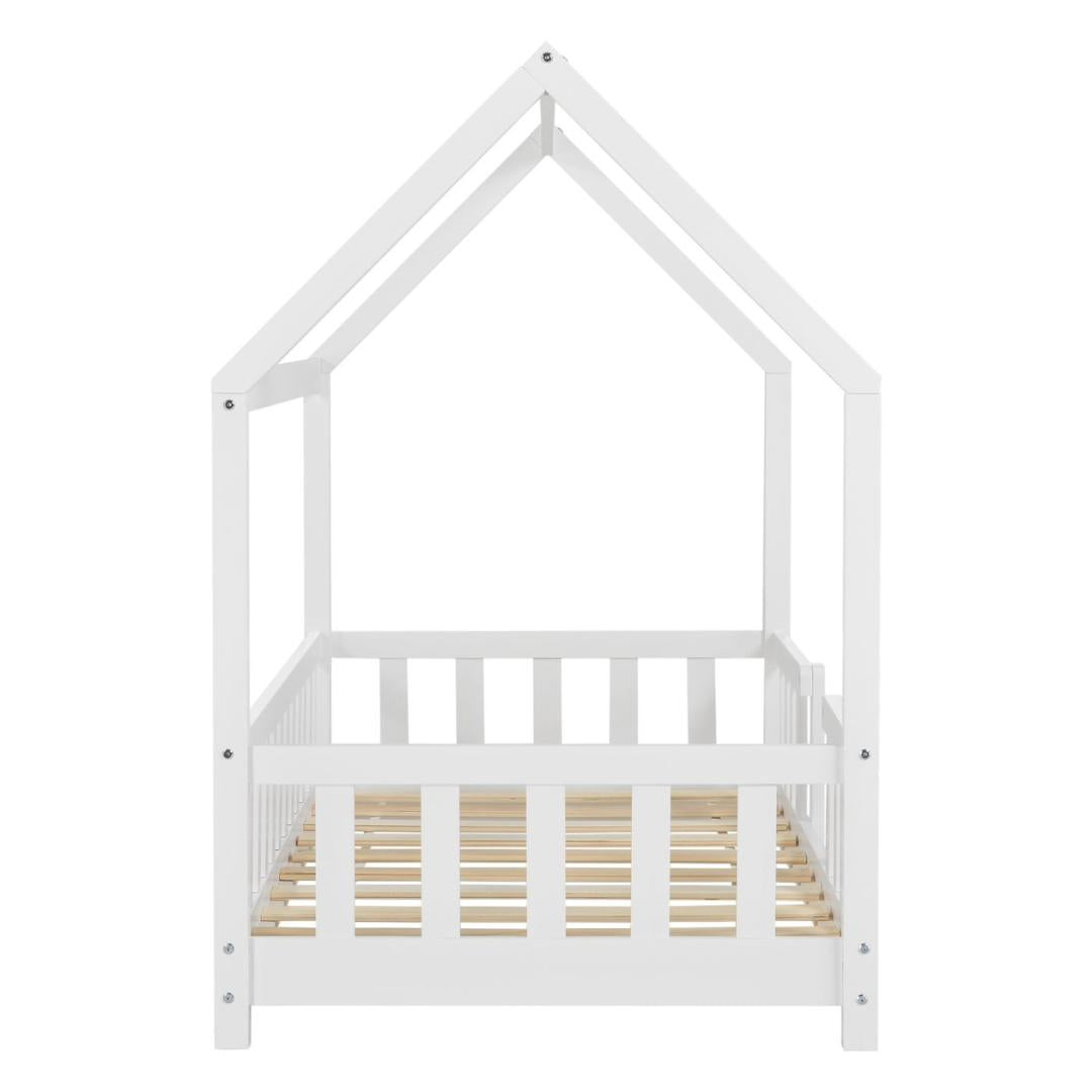Lit cabane avec barrière + matelas 70x140cm - Blanc