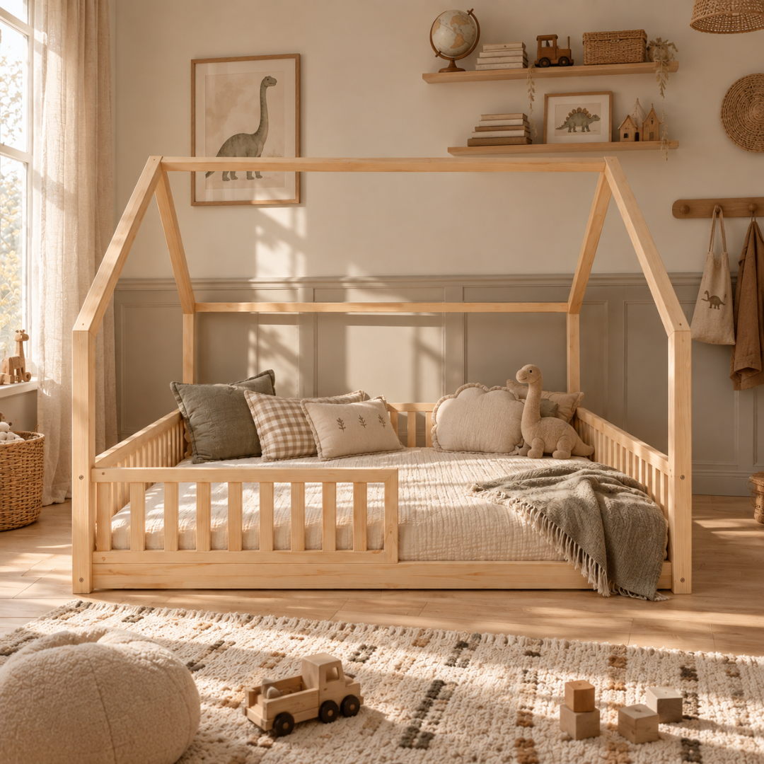 Grand lit cabane Montessori Bianca avec barrière 140x200cm
