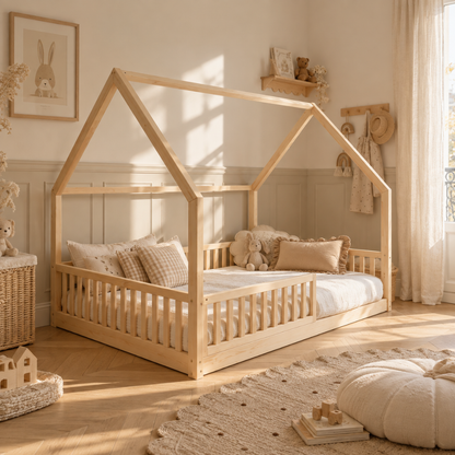 Grand lit cabane Montessori Bianca avec barrière 140x200cm
