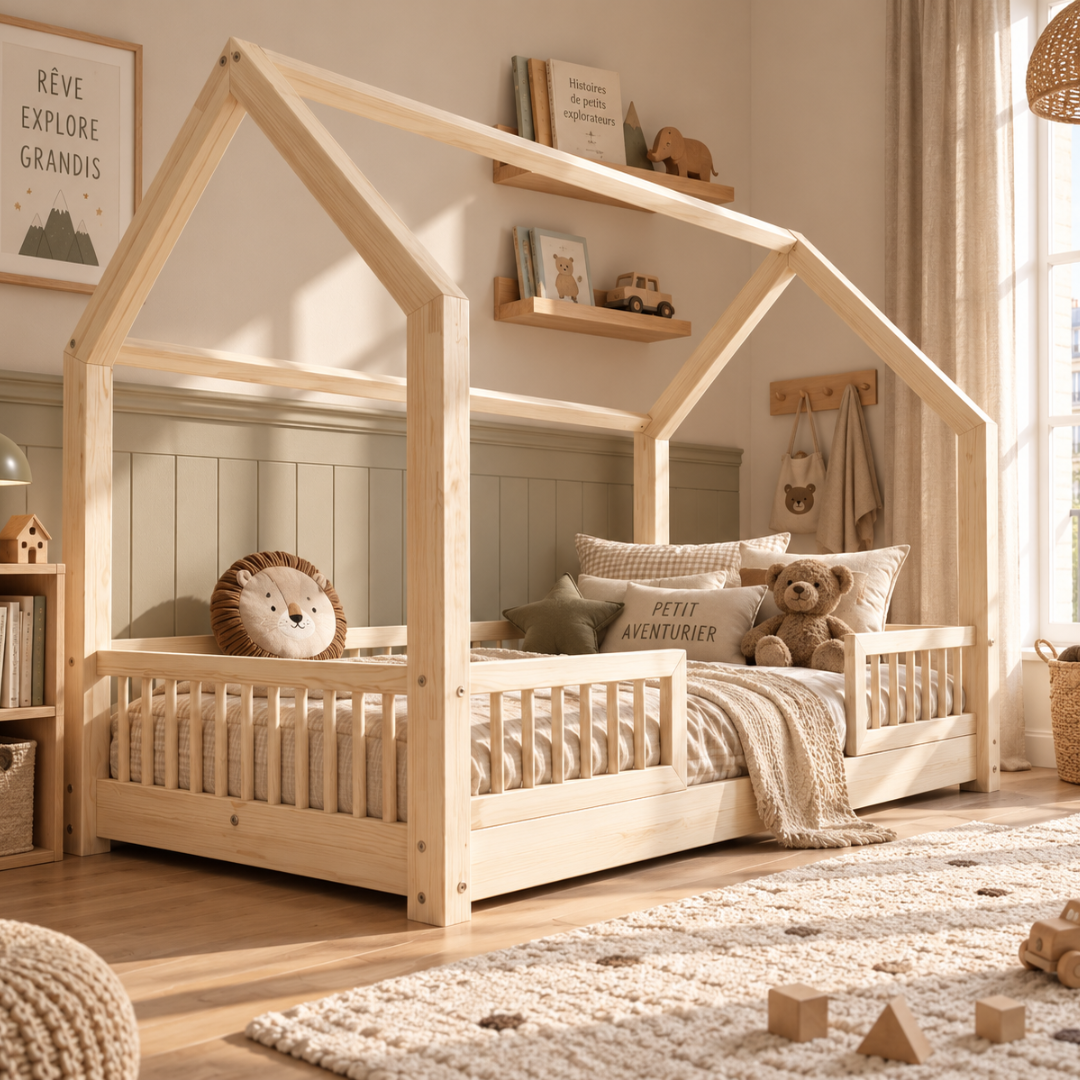 Lit cabane Montessori Paola avec barrière Entrée au milieu