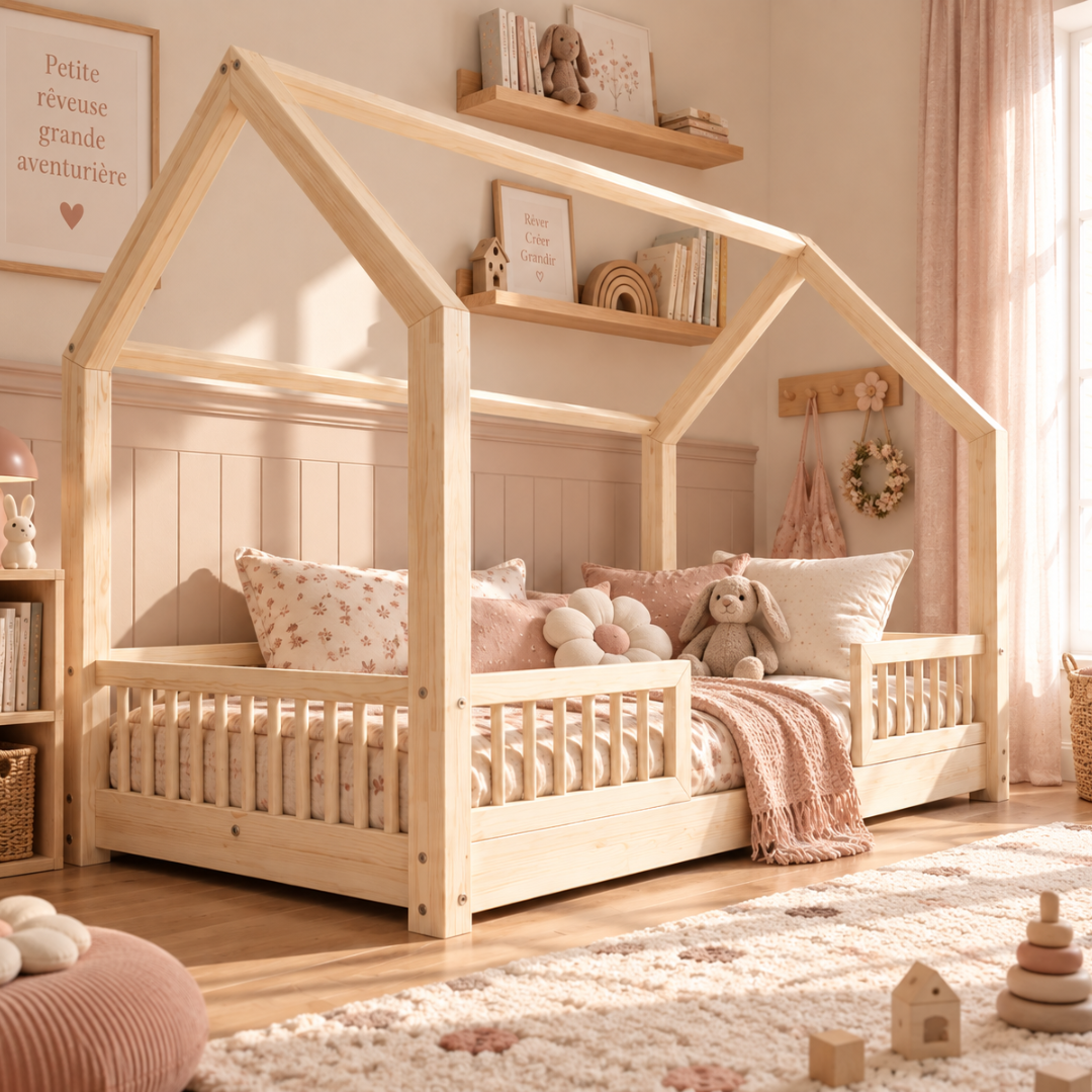 Lit cabane Montessori Paola avec barrière Entrée au milieu