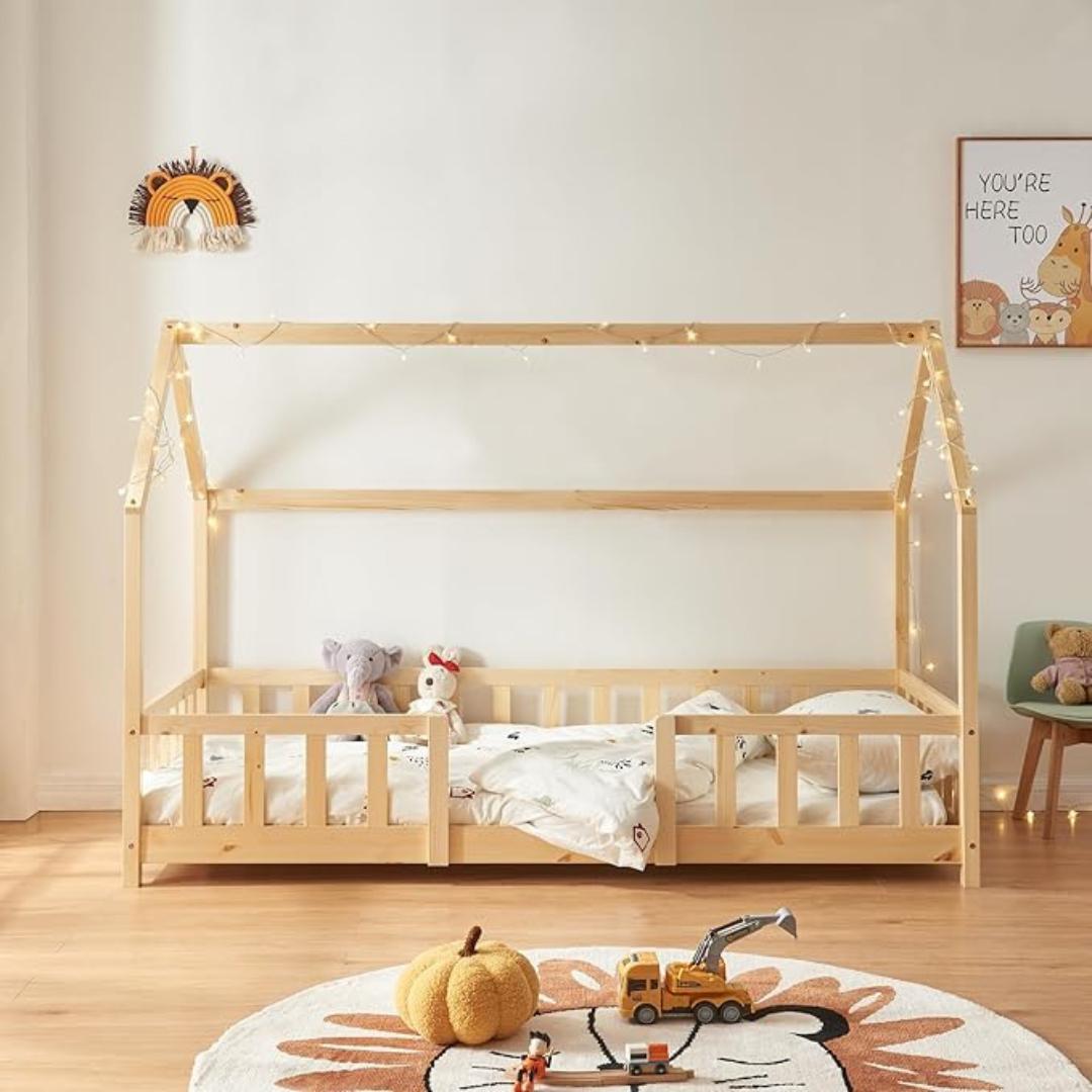 Lit cabane avec barrière - 80x160cm - Bois naturel
