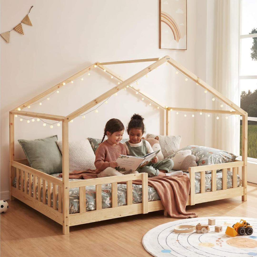 Lit cabane avec barrière - 90x200 cm - Bois naturel