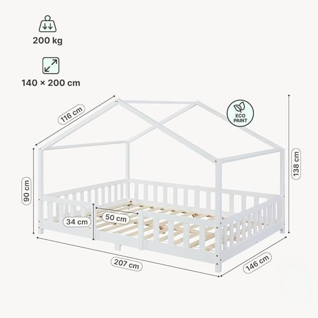 Grand lit cabane double avec barrière - 140x200cm - Blanc