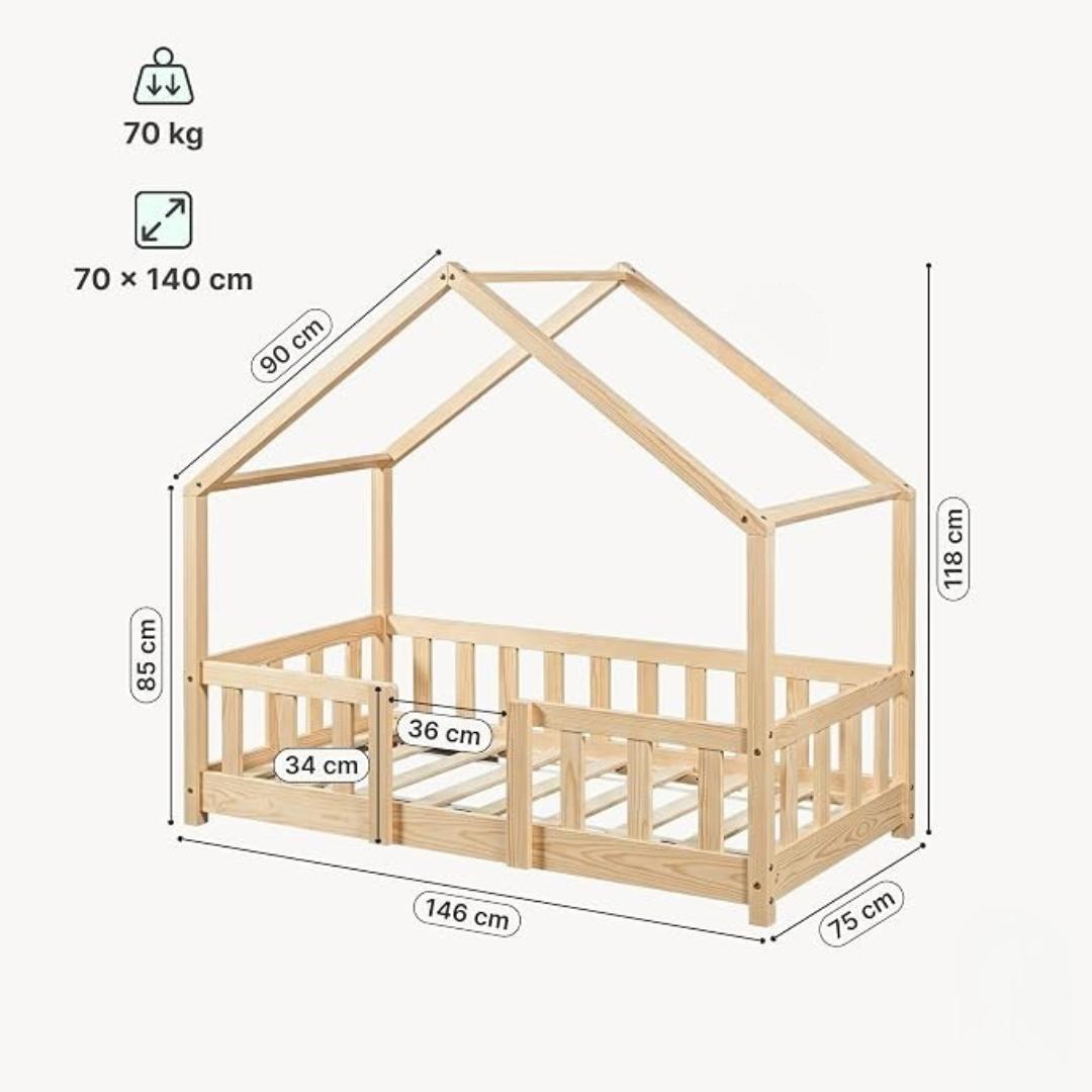 Lit cabane avec barrière + matelas 70x140cm - Bois naturel