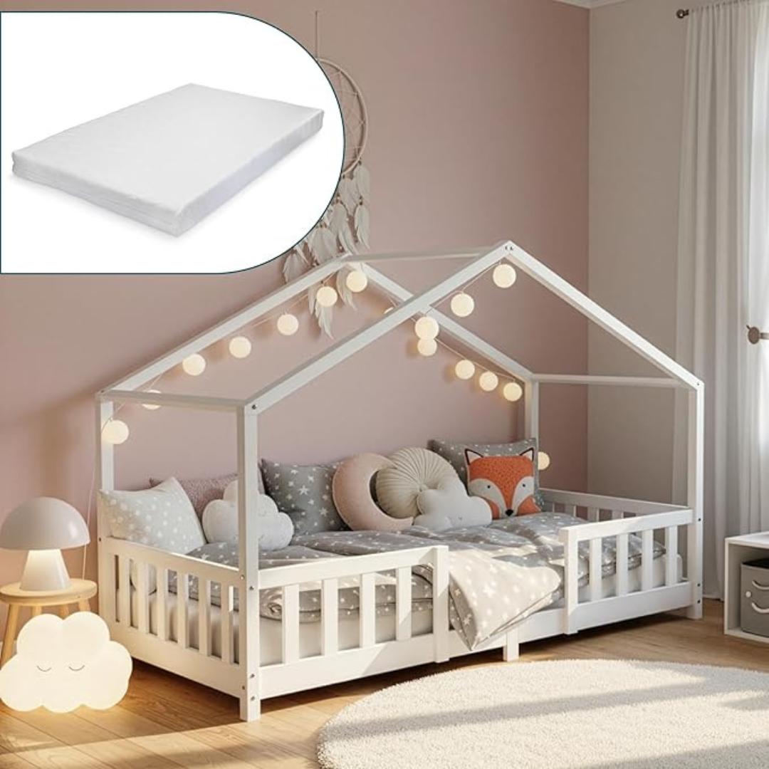 Lit cabane avec barrière + matelas - 90x200cm - Blanc