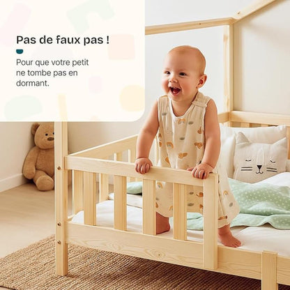 Grand lit cabane double avec barrière - 140x200cm - Bois naturel