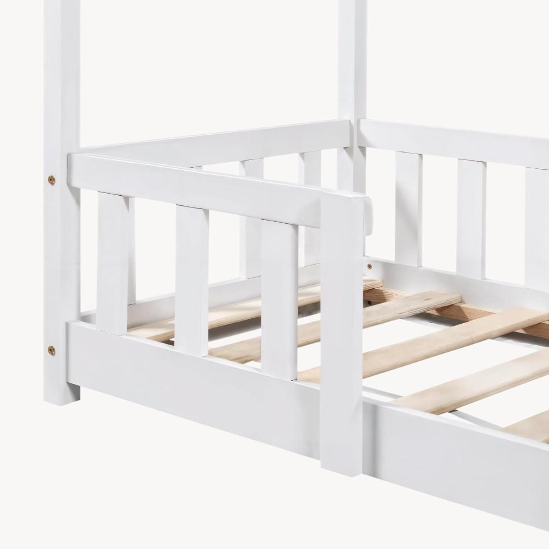 Grand lit cabane double avec barrière - 140x200cm - Blanc