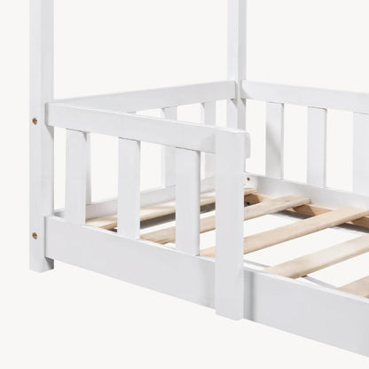 Grand lit cabane double avec barrière - 140x200cm - Blanc
