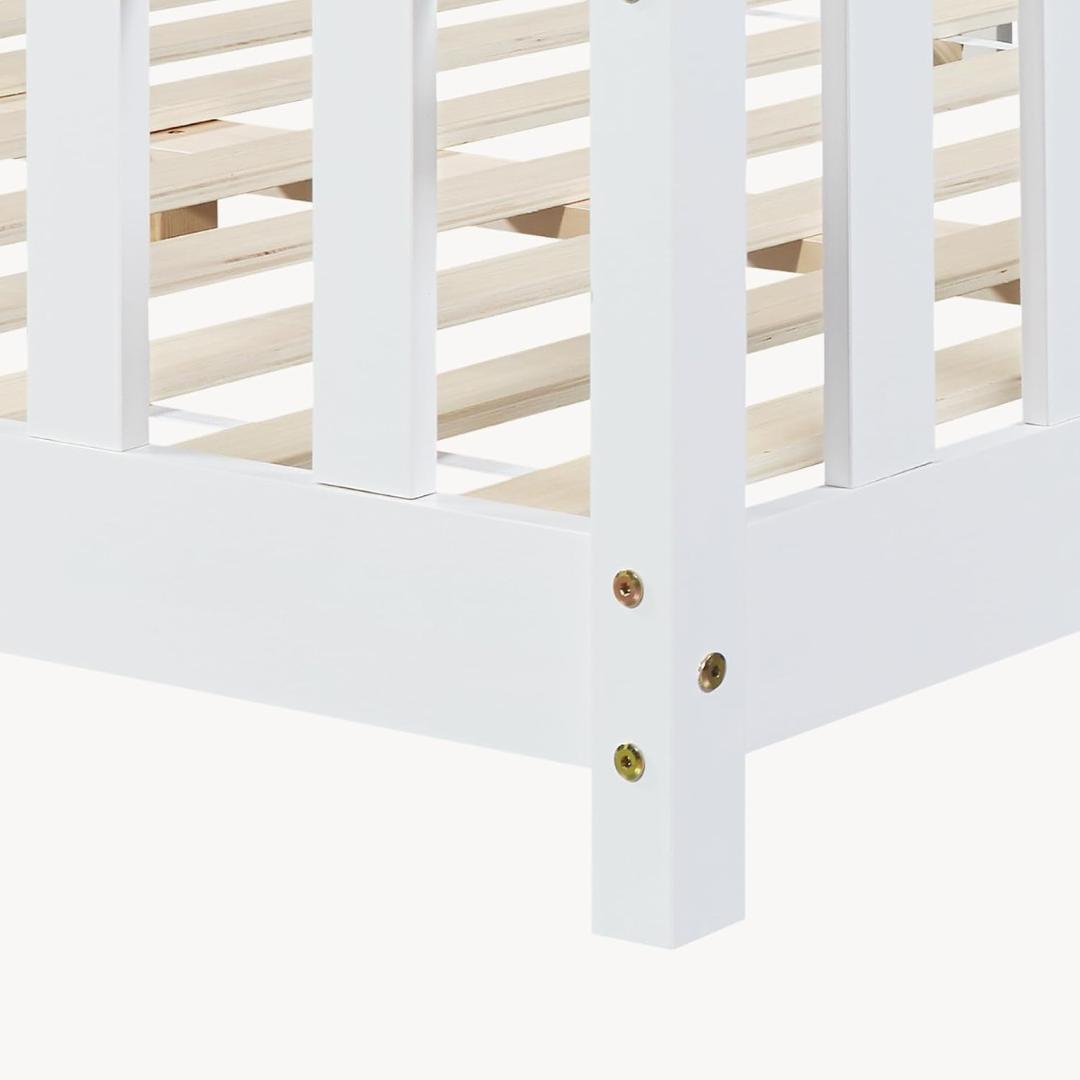 Grand lit cabane double avec barrière - 140x200cm - Blanc