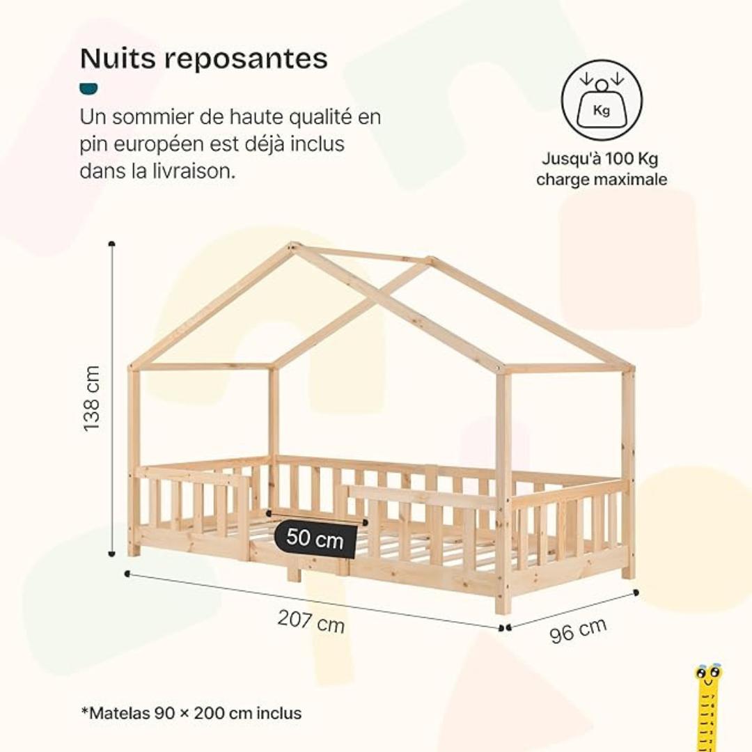 Lit cabane en bois naturel avec barrière et matelas 90x200cm