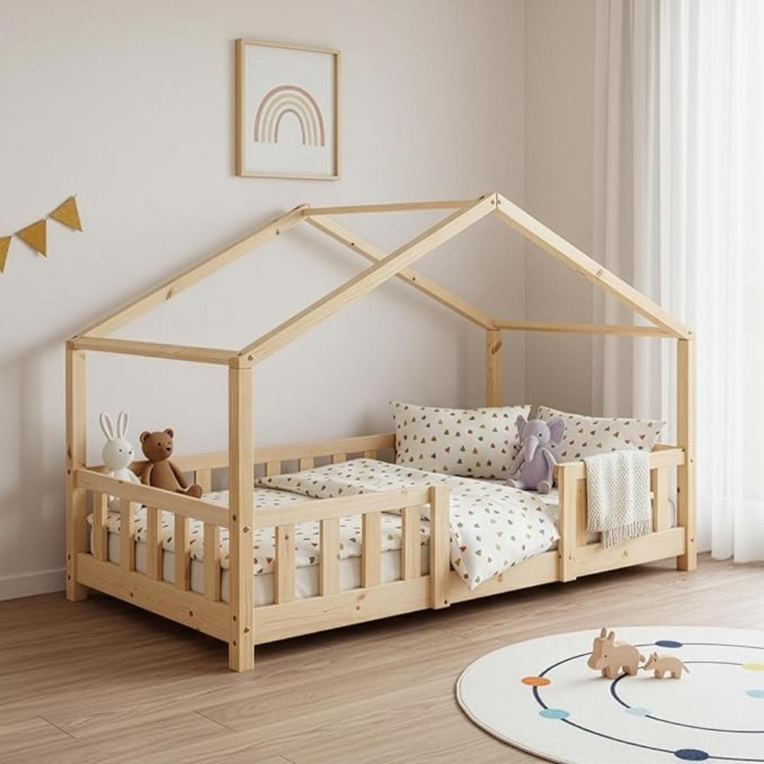 Grand lit cabane double avec barrière - 140x200cm - Bois naturel