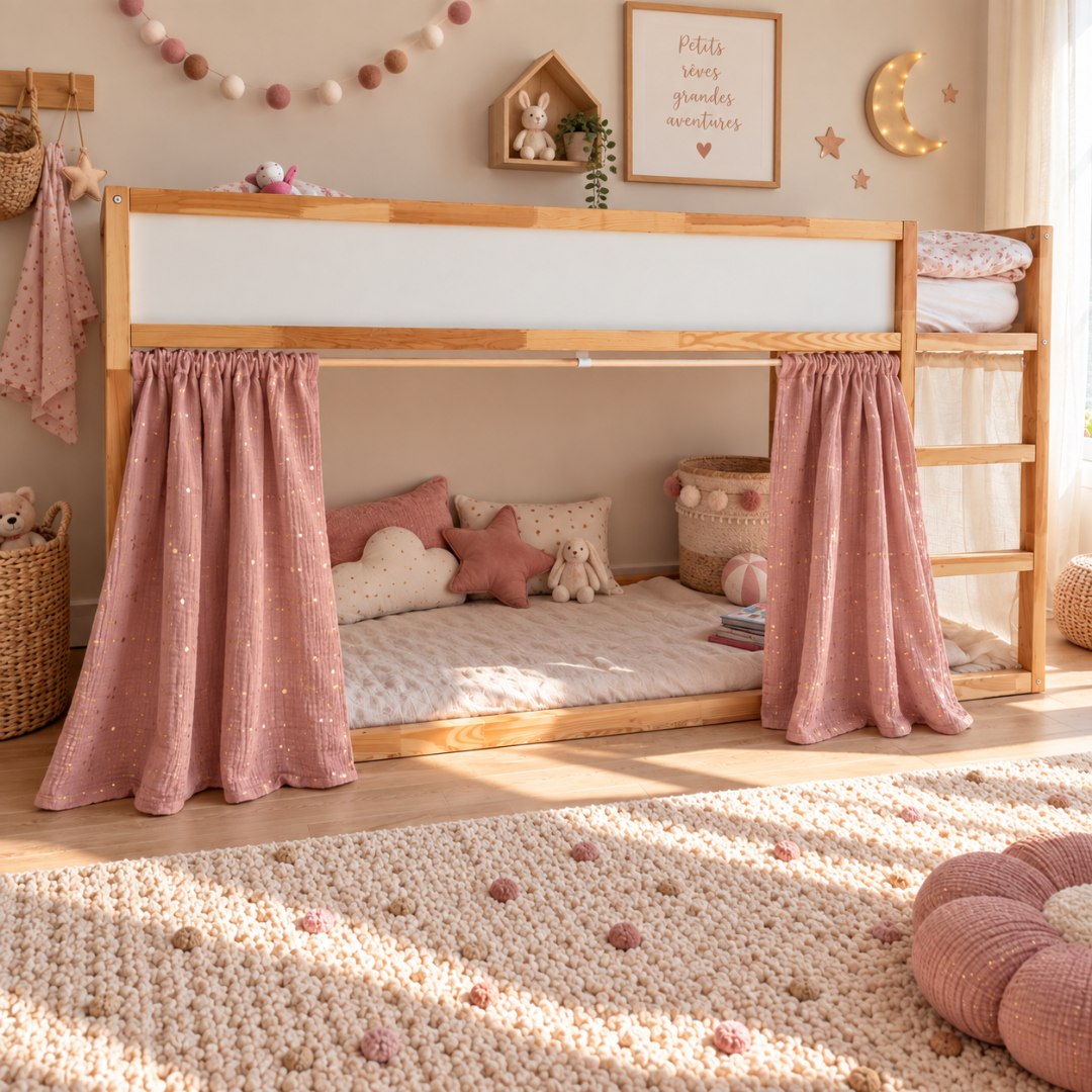 Rideaux lit Kura Ikea Rose à pois dorés