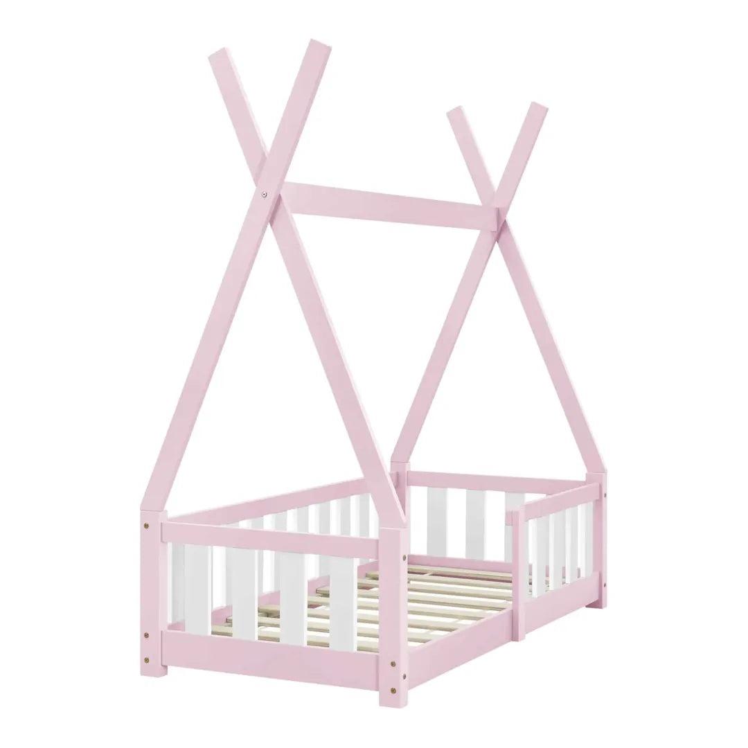 Lit tipi 70x140cm avec barrière et matelas - Rose &amp; blanc