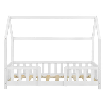 Lit cabane avec barrière + matelas 70x140cm - Blanc