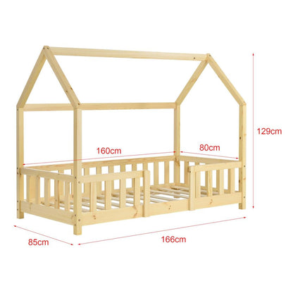 Lit cabane en bois naturel avec barrière amovible + matelas - 80x160cm