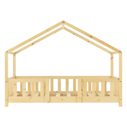 Lit cabane en bois naturel + matelas 80x160cm - Bois naturel