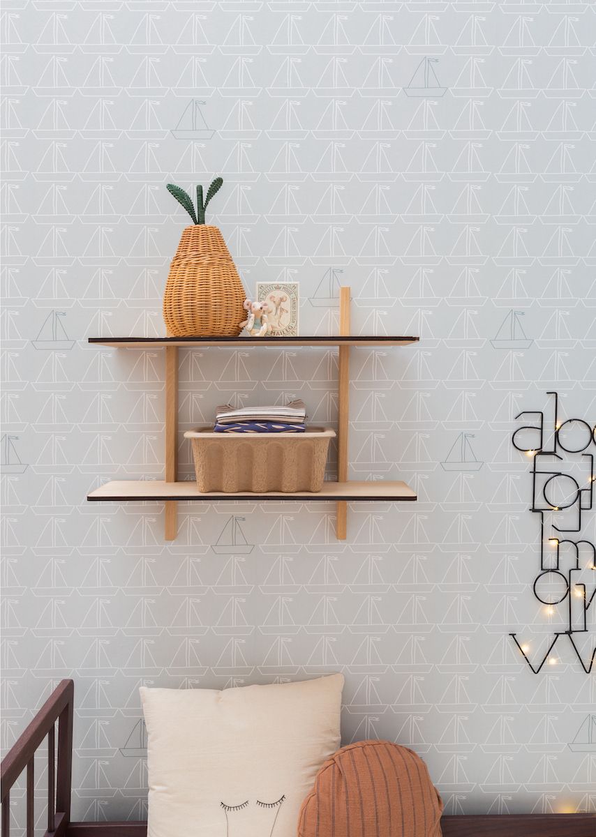 Papier peint chambre enfant Bateau - Gris &amp; Blanc + bleu