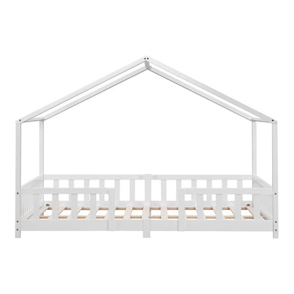 Grand lit cabane avec barrière et matelas - 120x200cm - Blanc